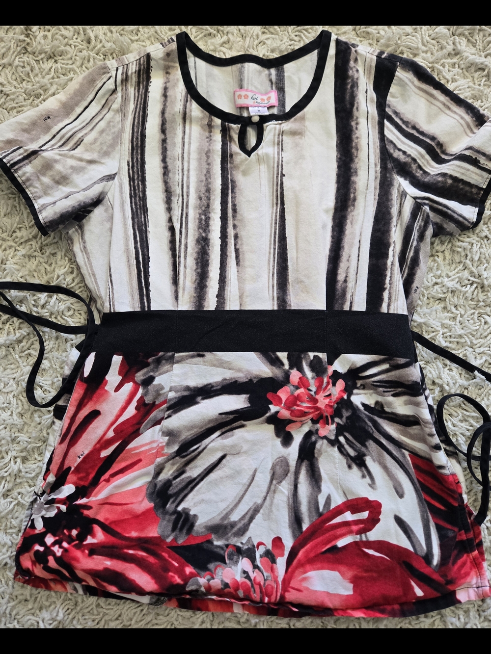 koi Black, White & Red Floral Stripe Tie-Waist Top